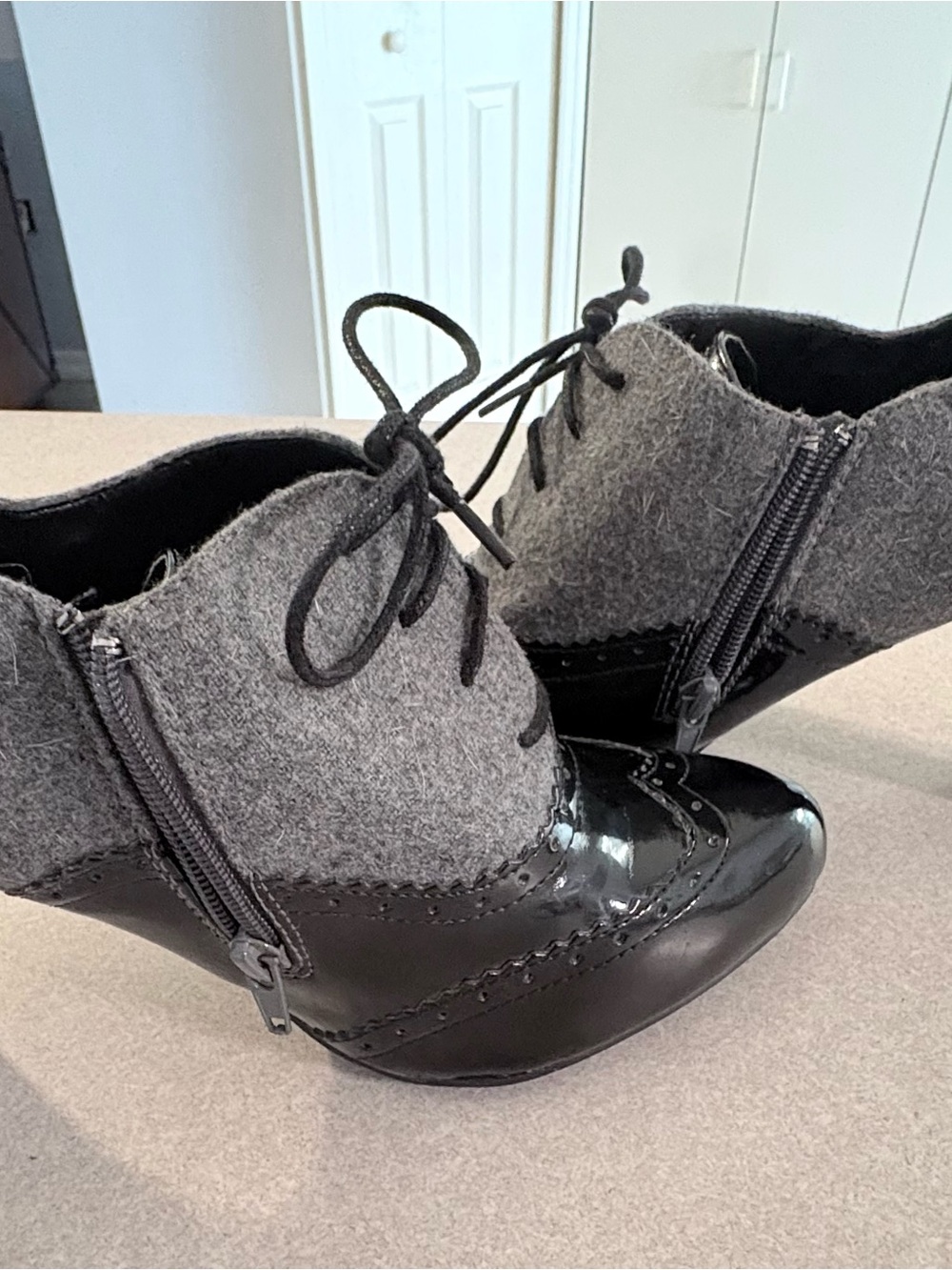 Lane Bryant Gray Felt and Black Patent Lace-Up Ankle Boots